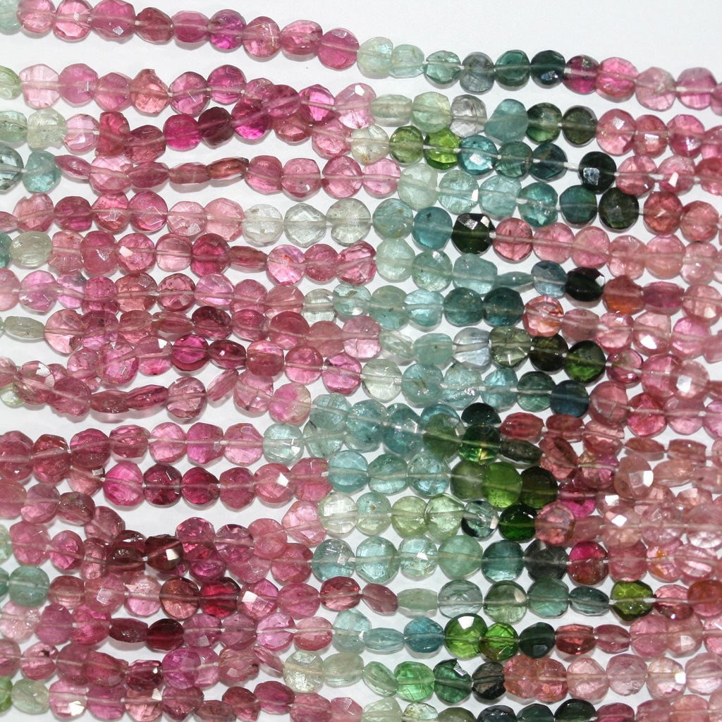 Perles de tourmaline facettées en forme de pièce de 15 pouces, 4 mm environ, longueur du fil : 39 cm.