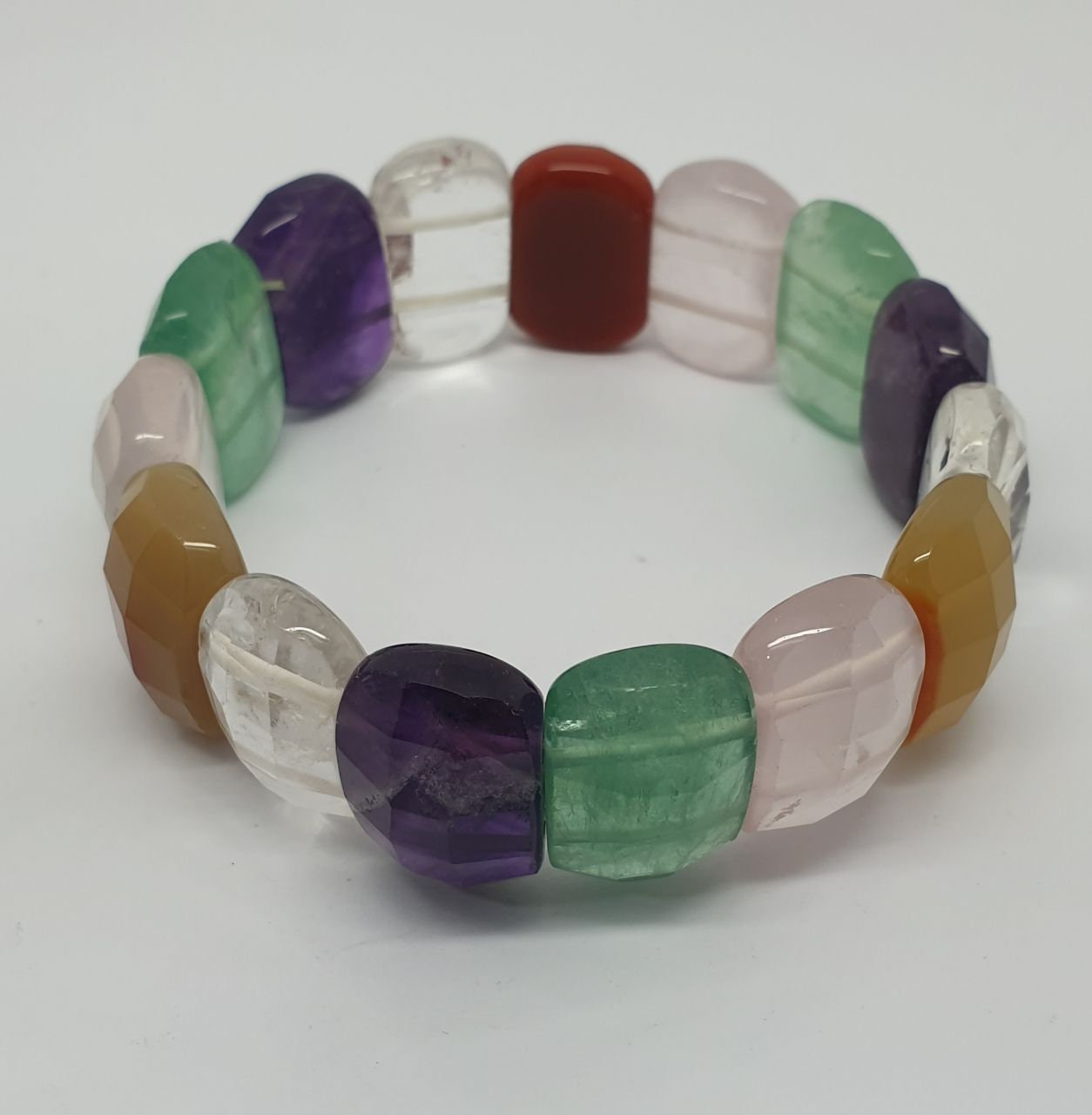 Bracelet extensible multi-chakras, perles à facettes 20 x 14 mm - Perles doublement percées - Fournisseur de bijoux - Pouvoir de guérison - Améthyste rose et cristal de quartz