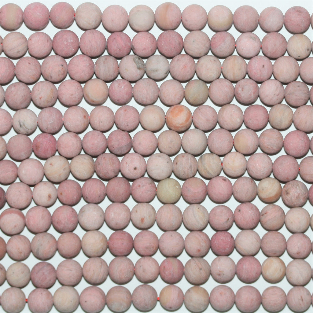 Perles rondes lisses en rhodonite mate 8 mm - Fil de 39 cm.