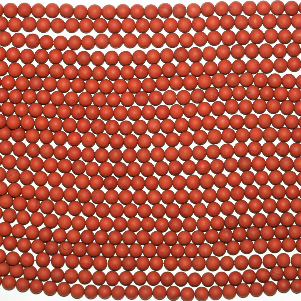 Perles rondes lisses en jaspe rouge, finition mate, 6 mm - Fil de 38 cm.