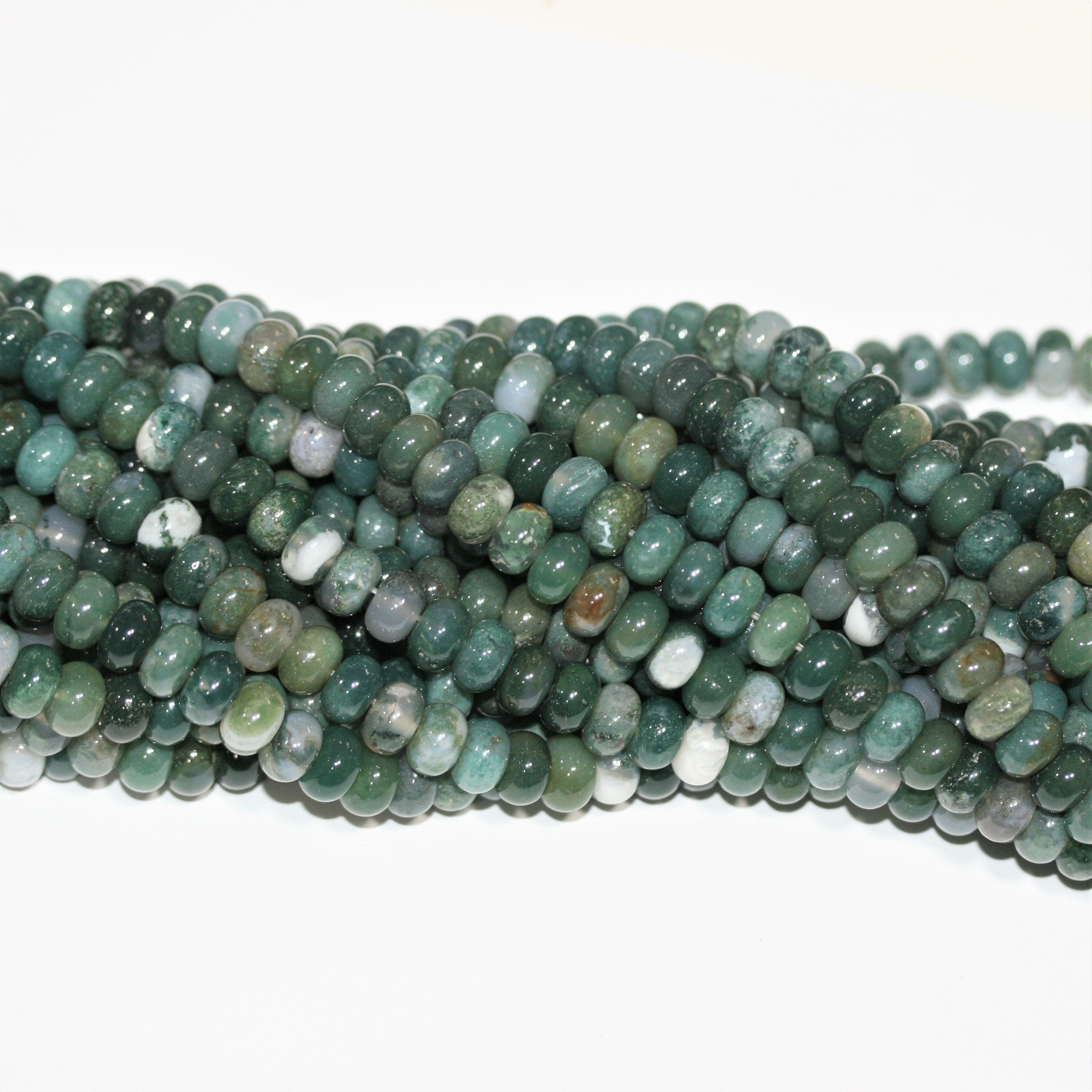 Perles rondelles lisses en agate mousse St de 15 pouces, 8 x 5 mm - Fil de 38 cm.