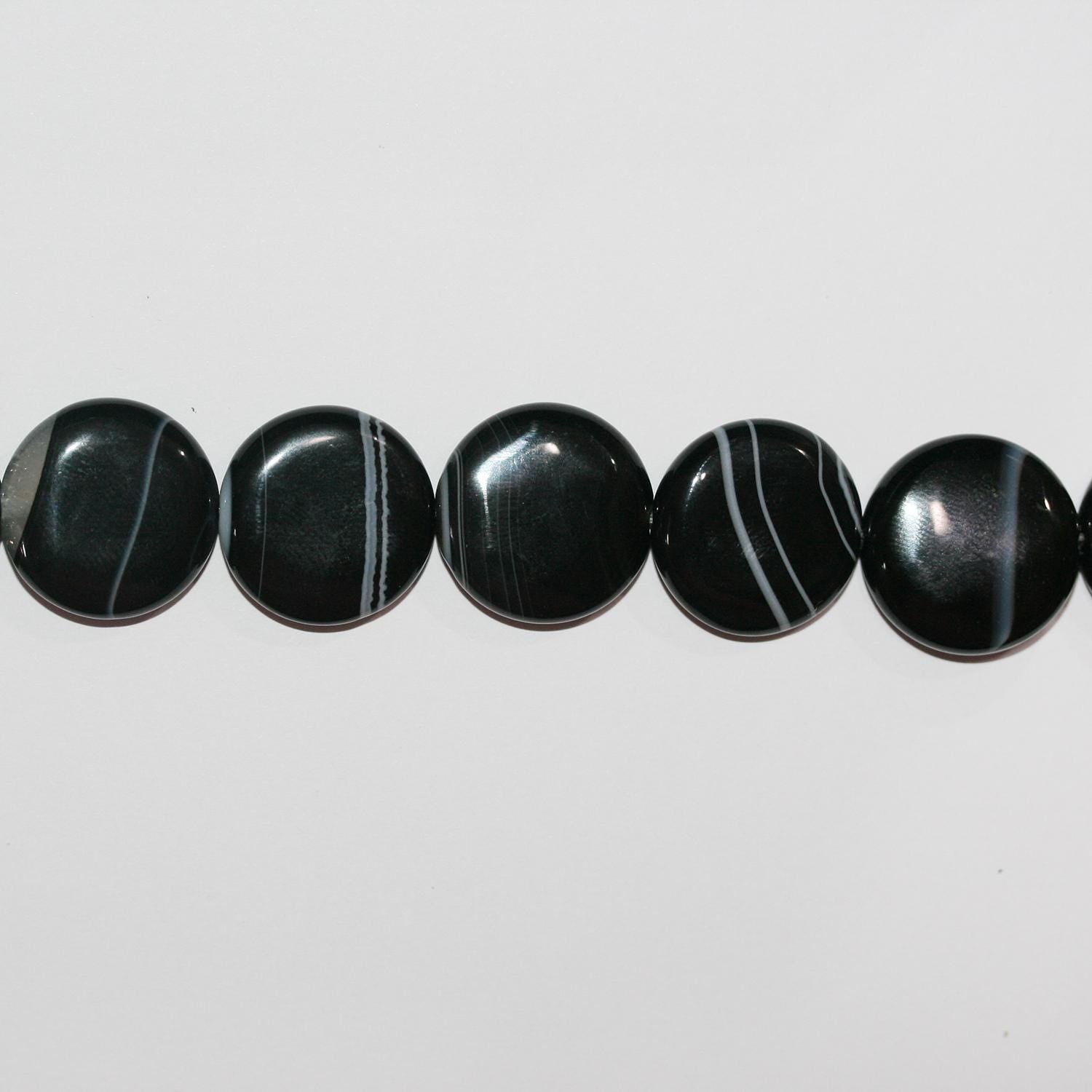 Cuentas de moneda lisas de ónix rayado de 16" (20 mm) - Hilo de 40 cm