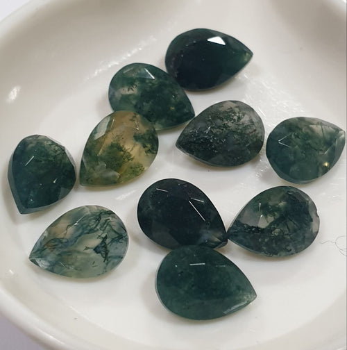 10 Pcs Lot  Moss Agate  5x7mm Faceted Pear Shape Pointed Back  . Natural Stone-Untreated Stone