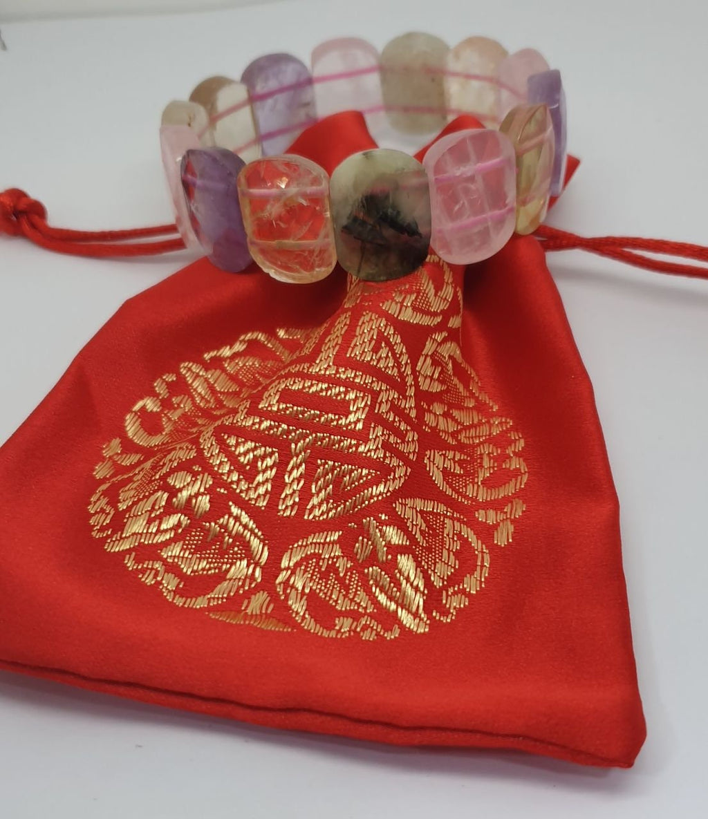 Bracelet extensible multi-chakras, perles à facettes 20 x 15 mm - Perles doublement percées - Fournisseur de bijoux - Pouvoir de guérison - Améthyste rose et cristal de quartz