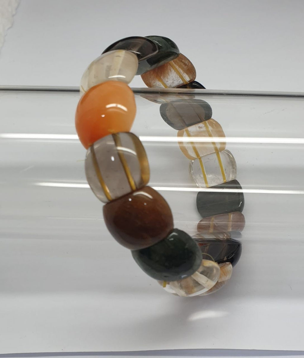 Pulsera elástica de cuarzo rutilado múltiple con cuentas de 15 x 13 mm - Proveedor de joyería con cuentas de doble perforación -