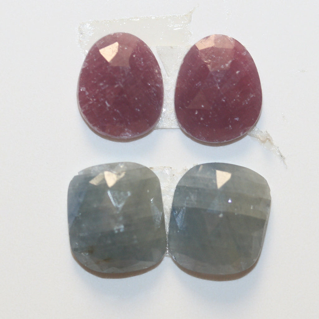 2 Pairs Natural Untreated Ruby Sapphire 10x8.5mm And Ruby 9.8x8 Cabochons Faceted Oval - Natural Gemstones Jewelry Supplier