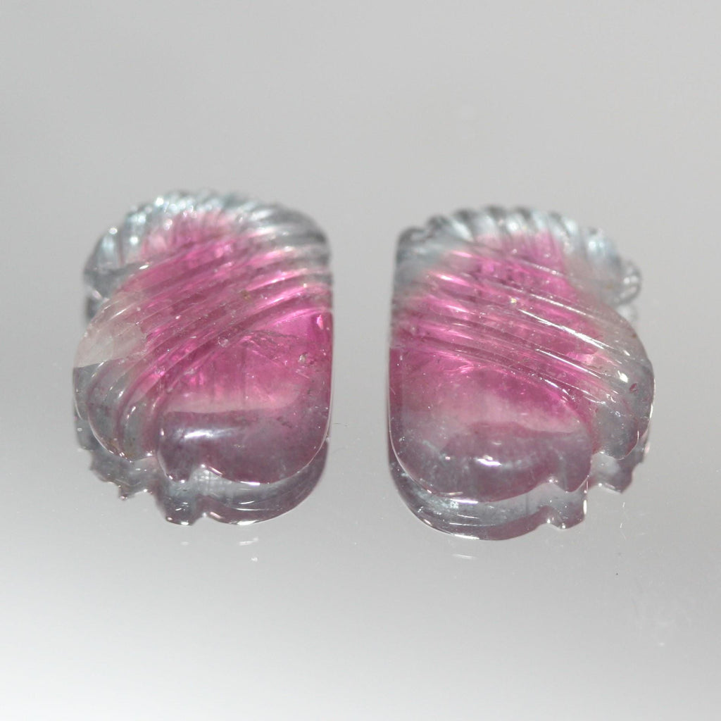 Pair of Carved Bicolor Watermelon Tourmaline Cabochon 6.89ct  13.5x10.5mm - Untreated Gemstone- Natural Gems- Green And Pink Tourmaline