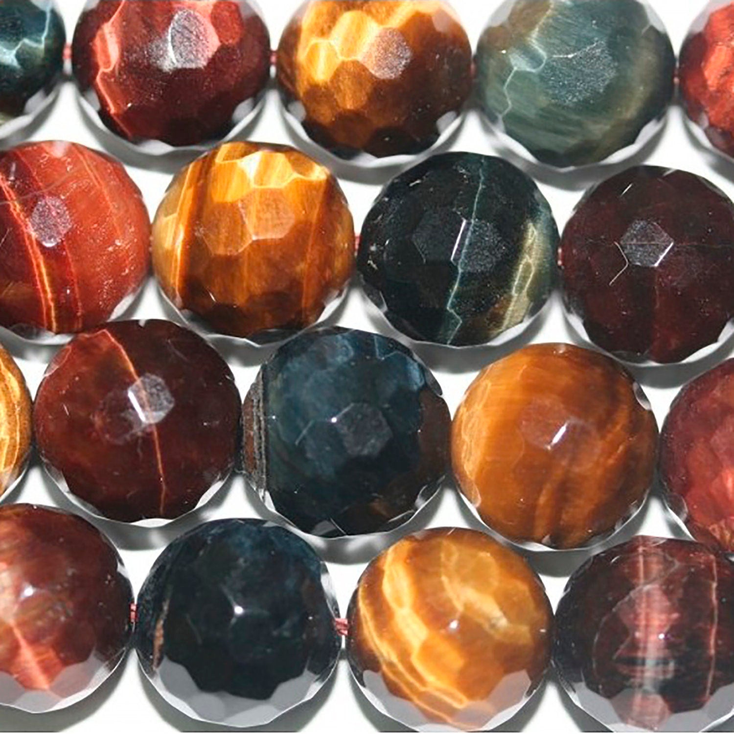 Cuentas redondas facetadas de ojo de tigre, buey y halcón de 16" (12 mm). Tira de 40 cm.