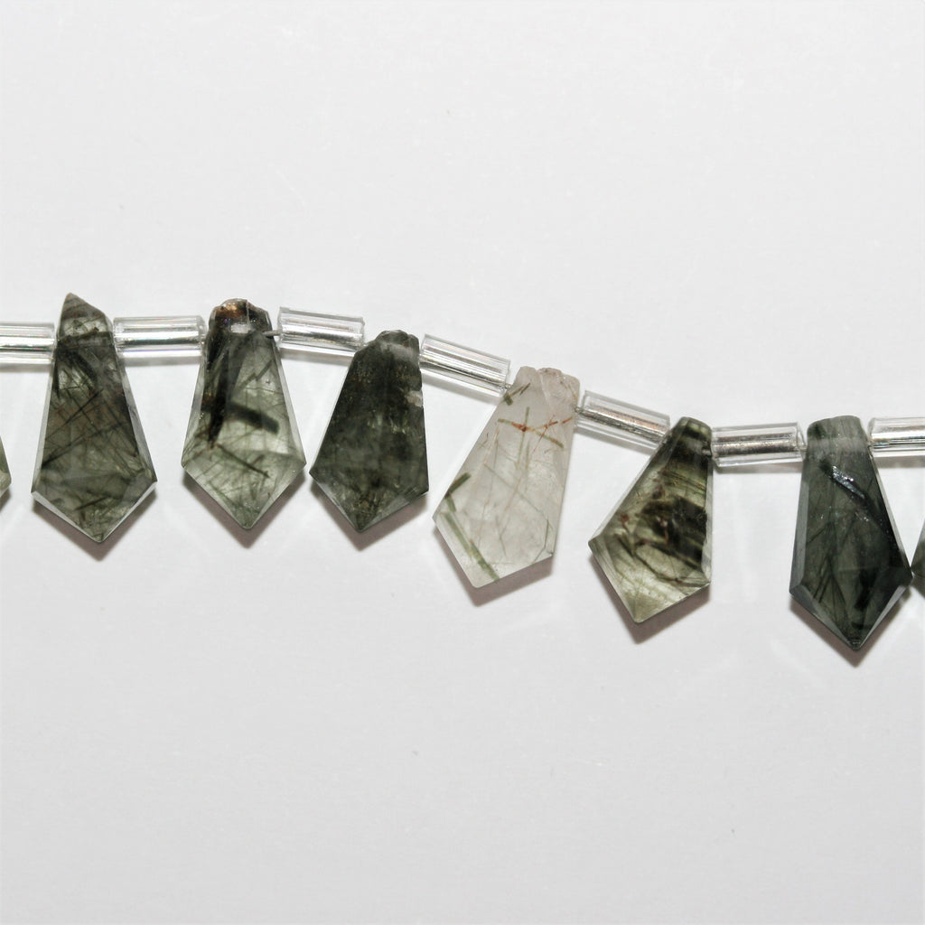 Cuentas facetadas de cuarzo turmalinado de 6" de largo, 13 x 7 mm, hilo de 15 cm.