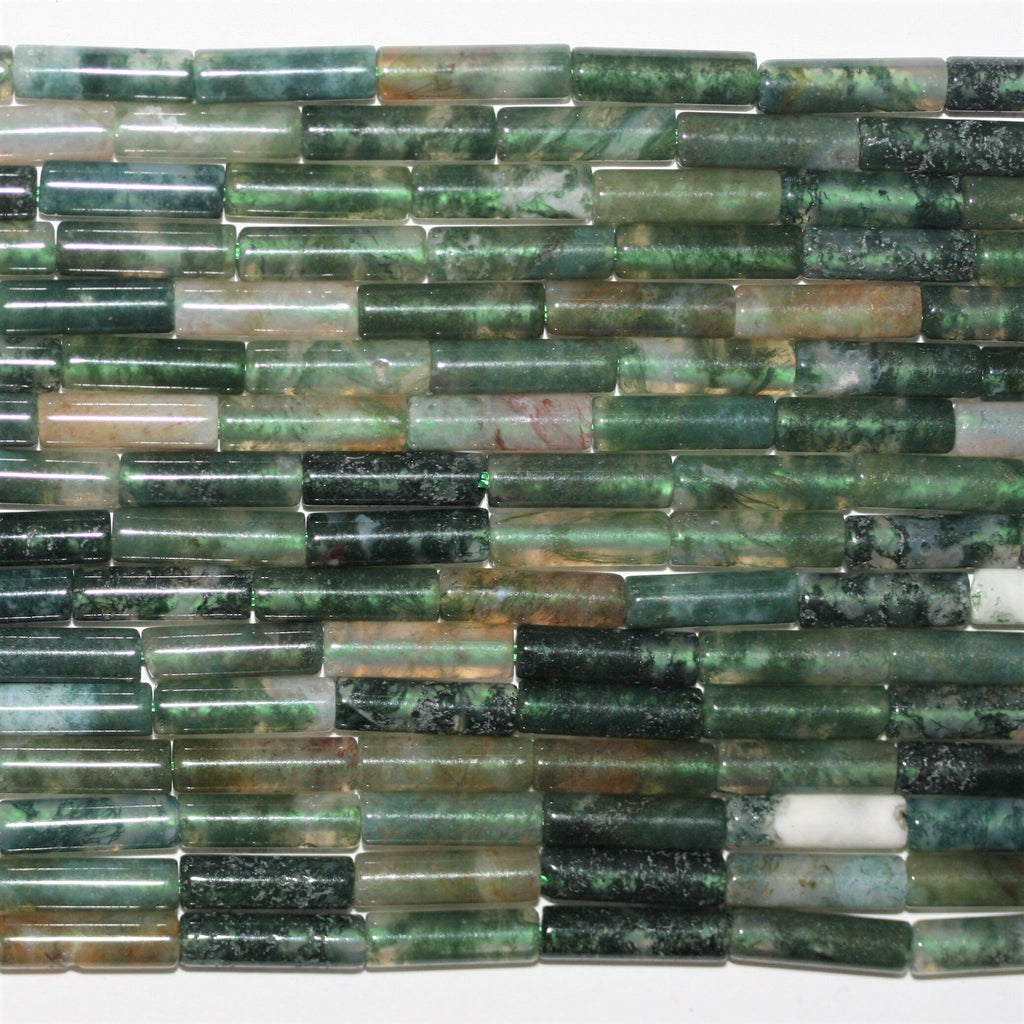 Cuentas de tubo liso de ágata musgosa de 16" de 14 x 4 mm - Tira de 40 cm.