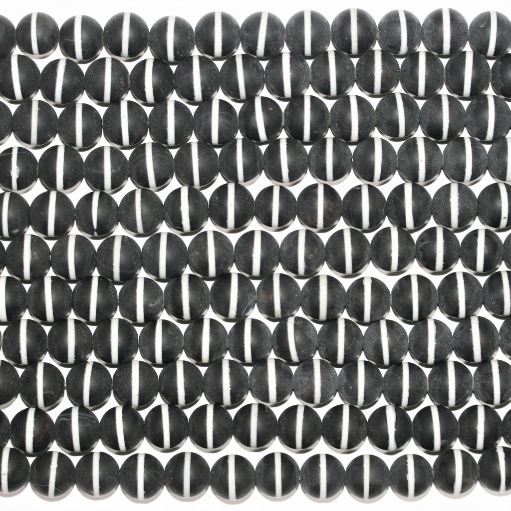 14" St Onyx Finition mate Ronde avec perles à rayures blanches 10 mm.-Rang 37 cm.