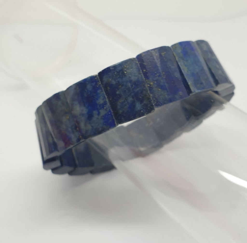 Pulsera elástica de lapislázuli (15 x 11 mm), cuentas facetadas. Proveedor de joyas con cuentas de doble perforación. Poder curativo.