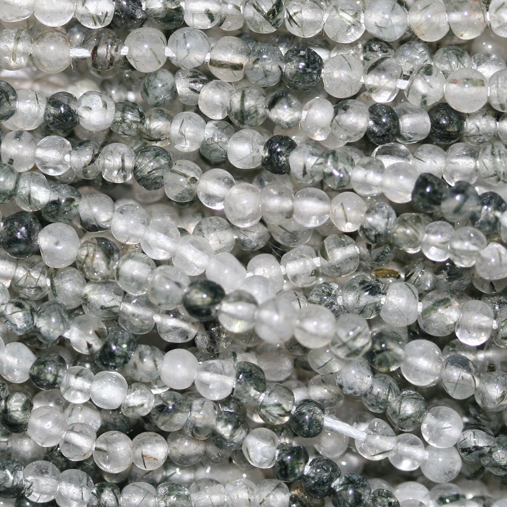 Perles rondes en quartz tourmaline de 14 pouces, 2 mm.