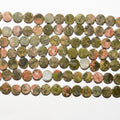 Cuentas de moneda lisas de St Unakite de 4 mm, 16". Tira de 40 cm.