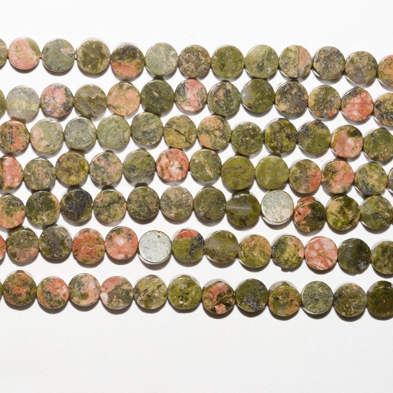 Cuentas de moneda lisas de St Unakite de 4 mm, 16". Tira de 40 cm.