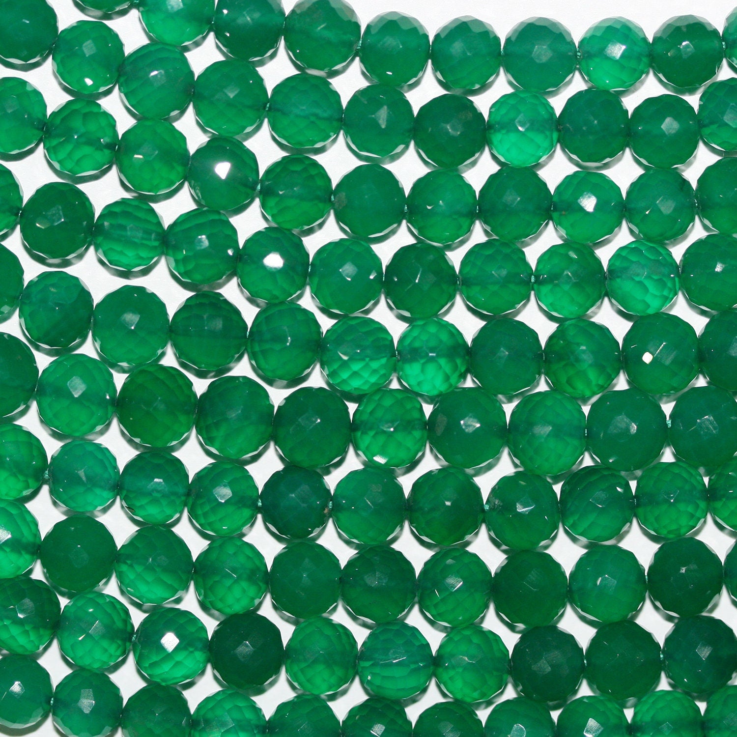 10" St Green Onyx Faceted Round Beads 7-8mm -Strand 26cm