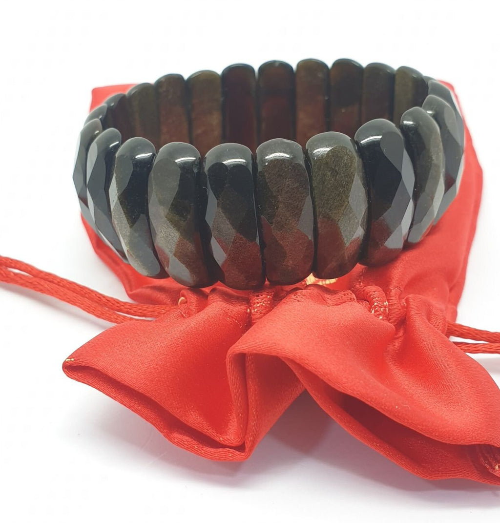 Bracelet extensible en obsidienne dorée à facettes, perles à facettes 25 x 9 mm - Fournisseur de bijoux à double perçage - Pouvoir de guérison