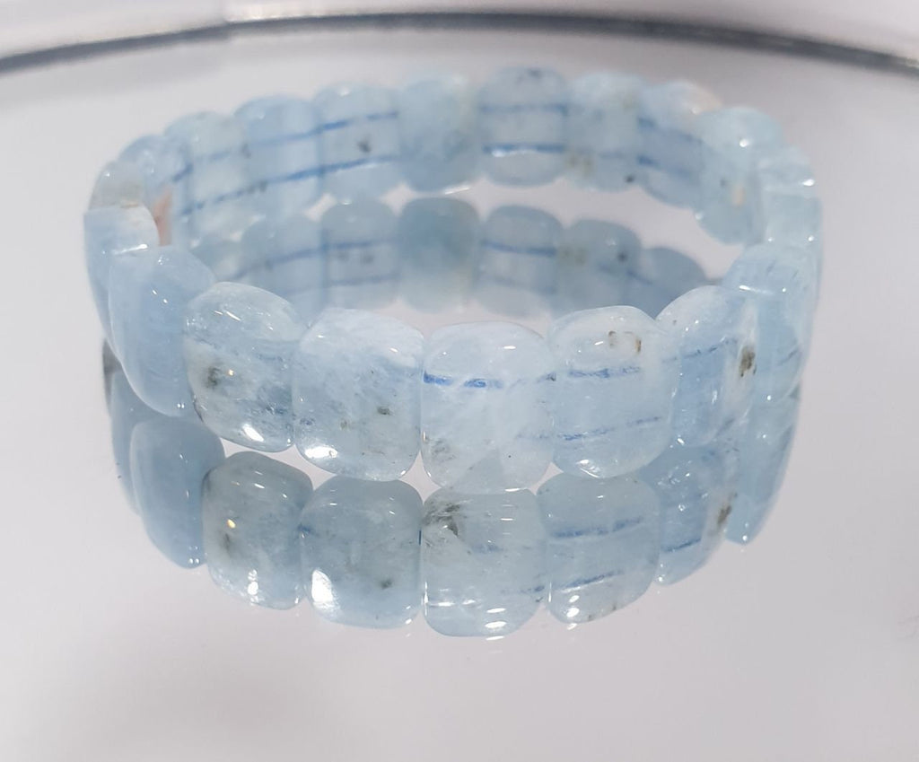 Pulsera elástica de aguamarina con cuentas cuadradas de 11 x 9 mm. Joyas con cuentas de doble perforación. Poder curativo. Gemas naturales.