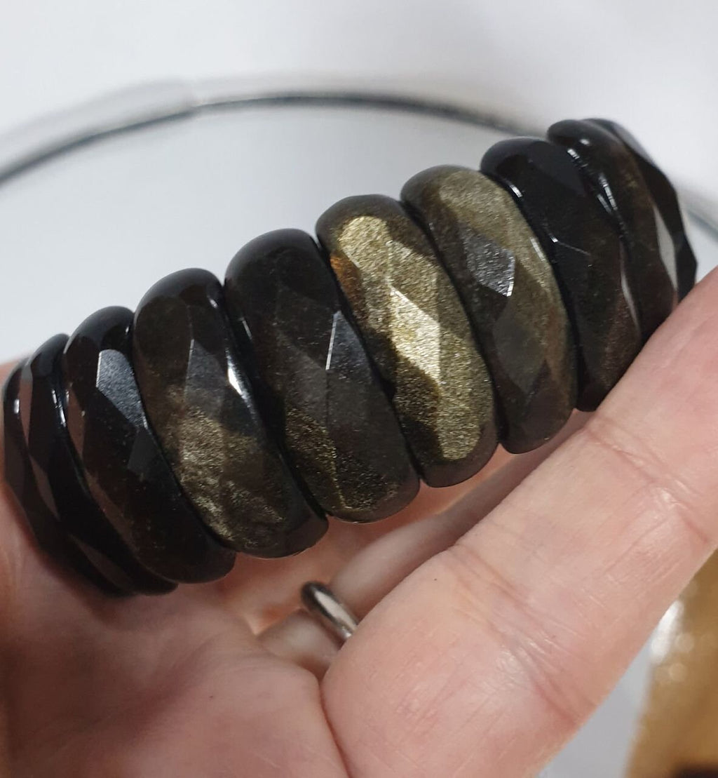 Bracelet extensible en obsidienne dorée à facettes, perles à facettes 25 x 9 mm - Fournisseur de bijoux à double perçage - Pouvoir de guérison