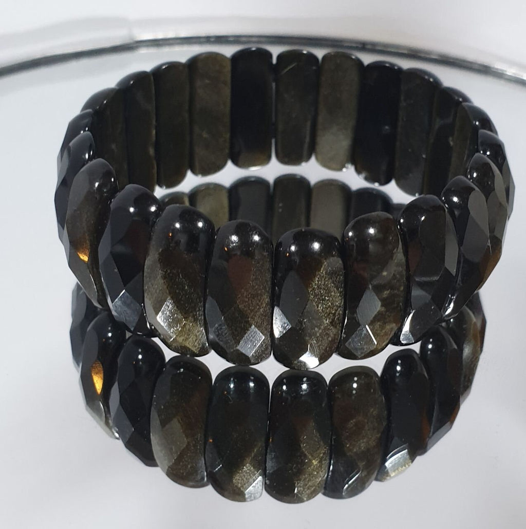 Bracelet extensible en obsidienne dorée à facettes, perles à facettes 25 x 9 mm - Fournisseur de bijoux à double perçage - Pouvoir de guérison