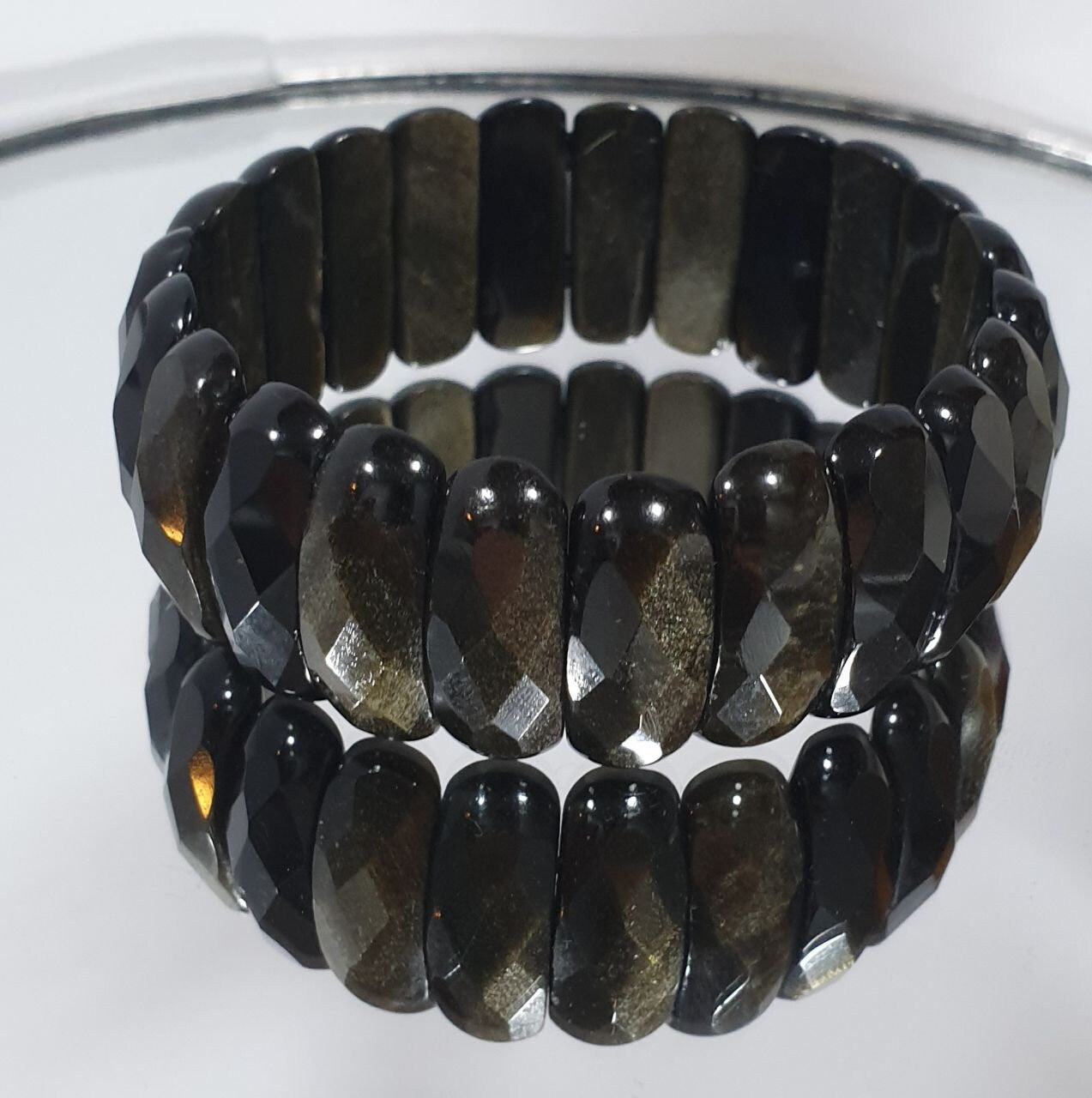 Bracelet extensible en obsidienne dorée à facettes, perles à facettes 25 x 9 mm - Fournisseur de bijoux à double perçage - Pouvoir de guérison
