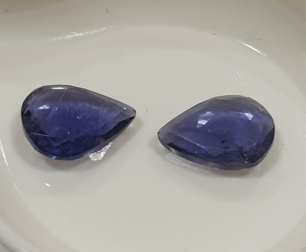 1 Matching Pair Iolite Cordierite Faceted  Cabochon  Drop Shape 10x8mm - Natural Untreated  Gemstone- Deep Blue Color