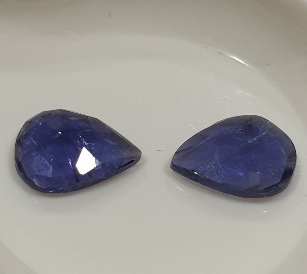 1 Matching Pair Iolite Cordierite Faceted  Cabochon  Drop Shape 10x8mm - Natural Untreated  Gemstone- Deep Blue Color