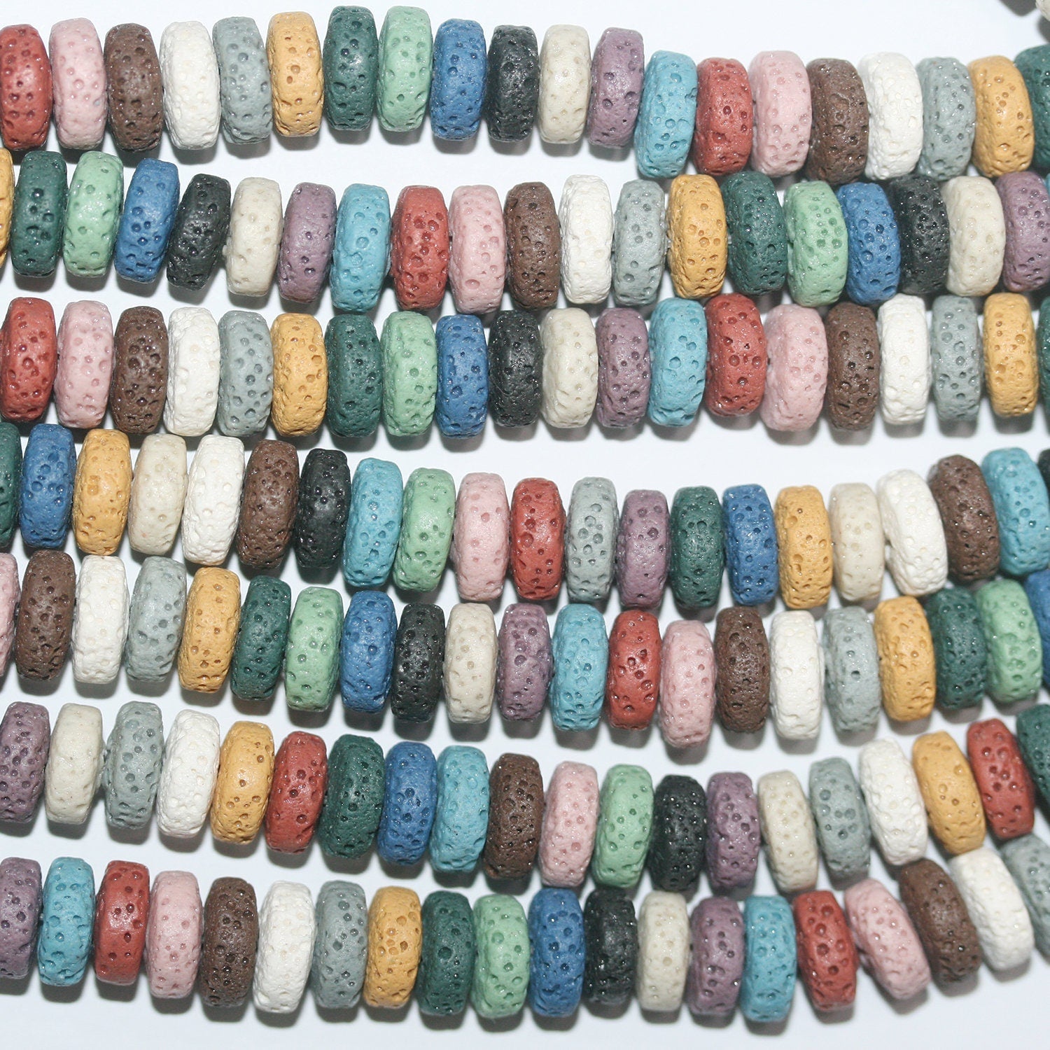 Perles rondelles multicolores en lave de 8 pouces, 10 x 4 mm, brin de 20 cm.