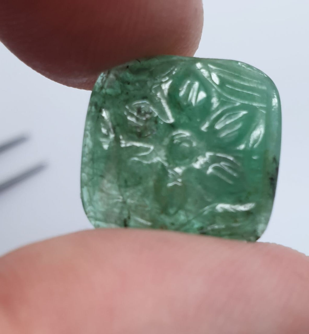 Carved Flower In Natural Zambian  Emerald    Square  Cabochon  Shape 16.2mm 8.88ct- Gemstone Carving