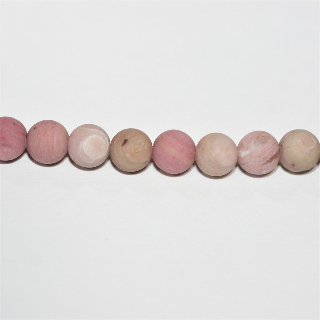Perles rondes lisses en rhodonite mate 6 mm - Fil de 39 cm.