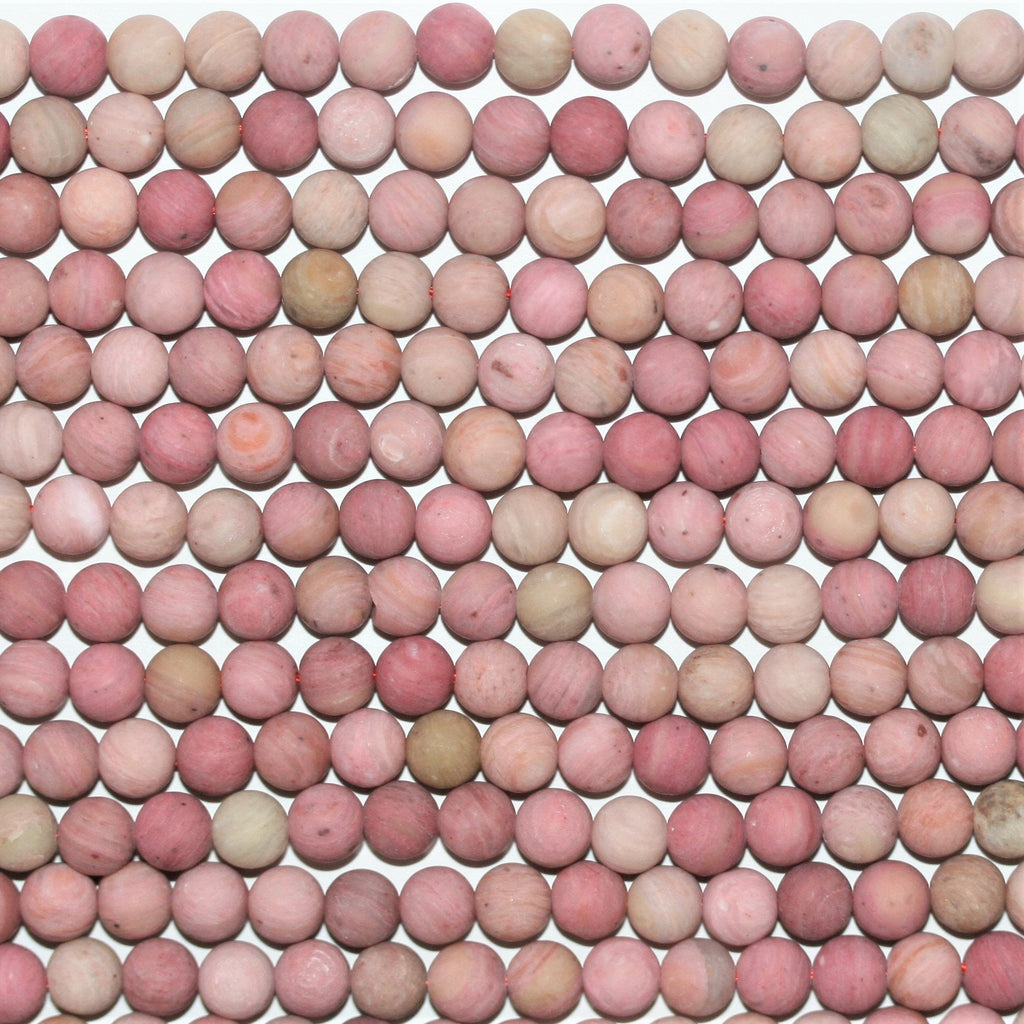 Perles rondes lisses en rhodonite mate 6 mm - Fil de 39 cm.