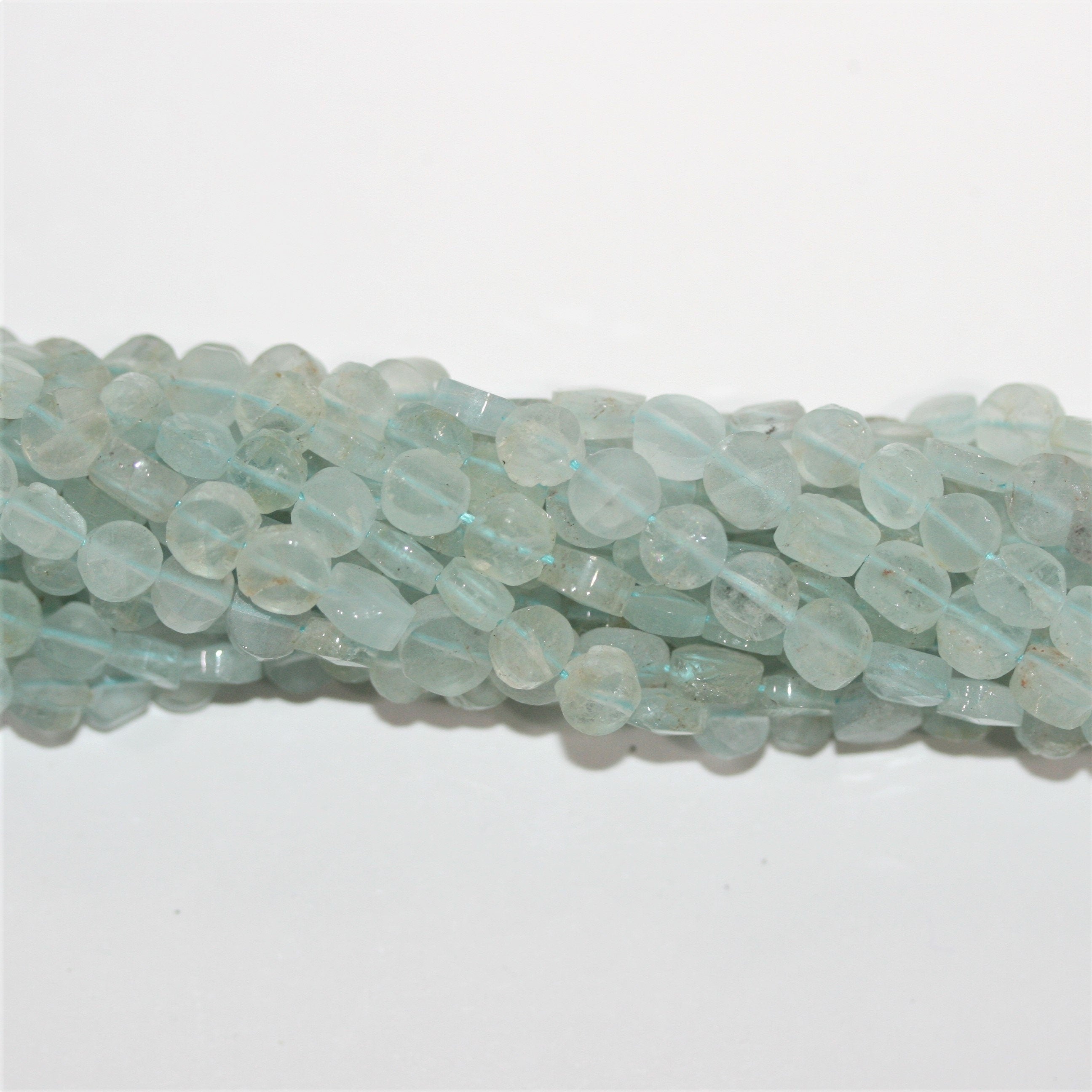 13" St Aquamarine Faceted Coin Beads 6mm.- Strand 33cm.