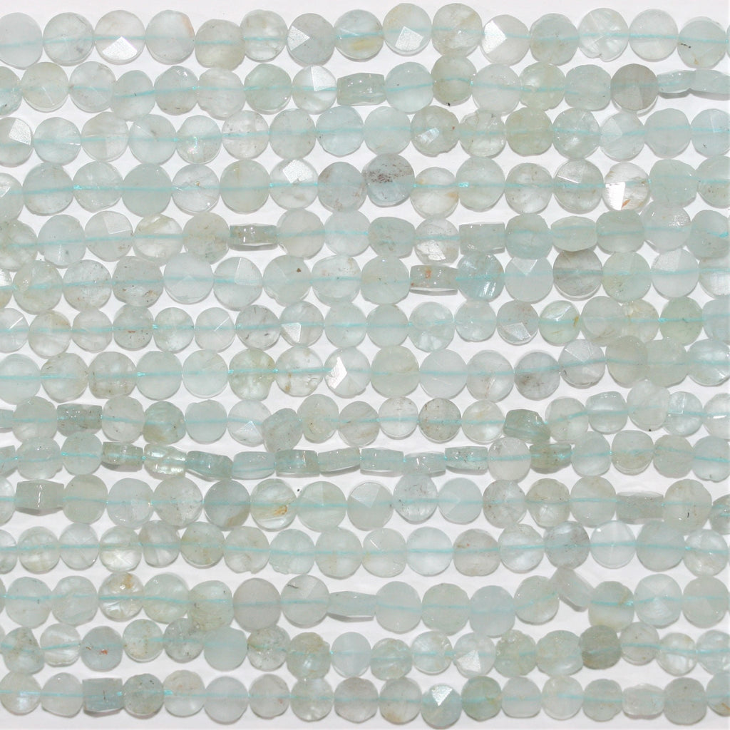 13" St Aquamarine Faceted Coin Beads 6mm.- Strand 33cm.