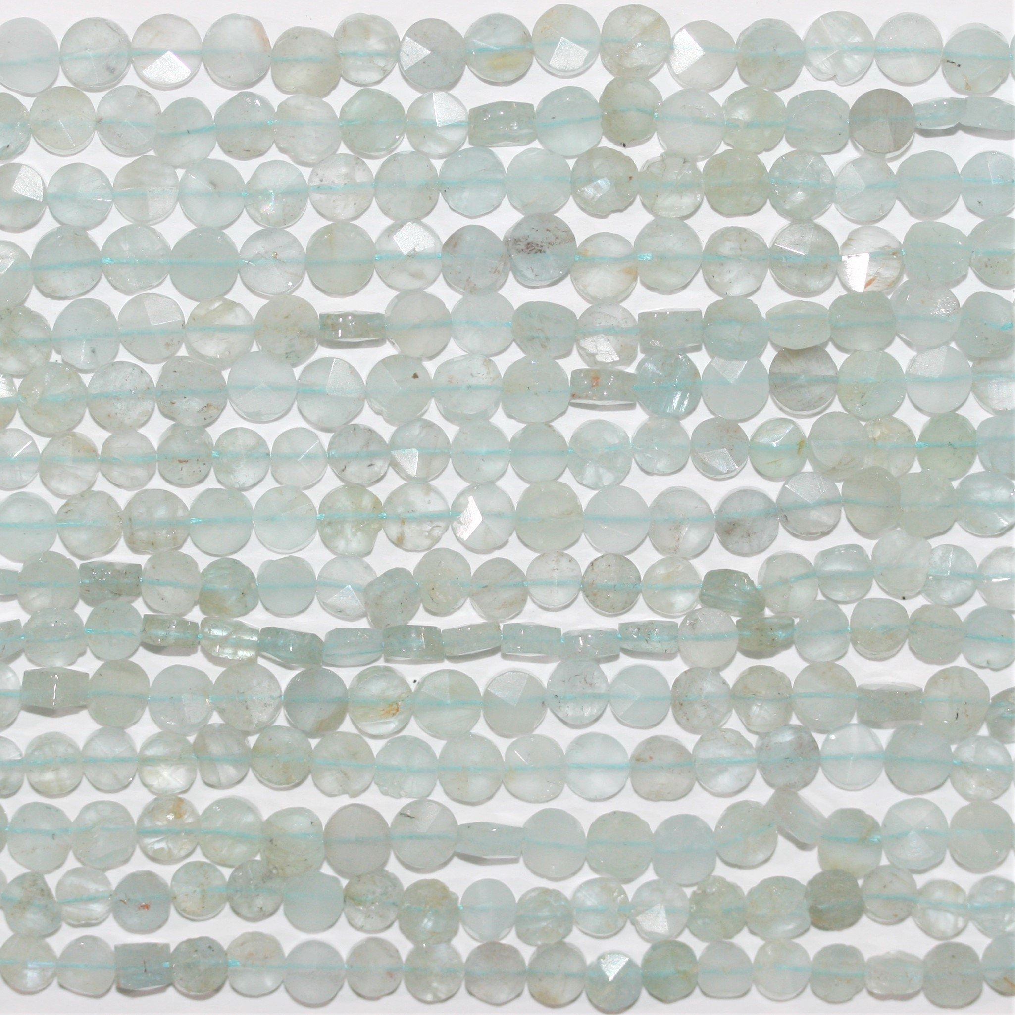 13" St Aquamarine Faceted Coin Beads 6mm.- Strand 33cm.