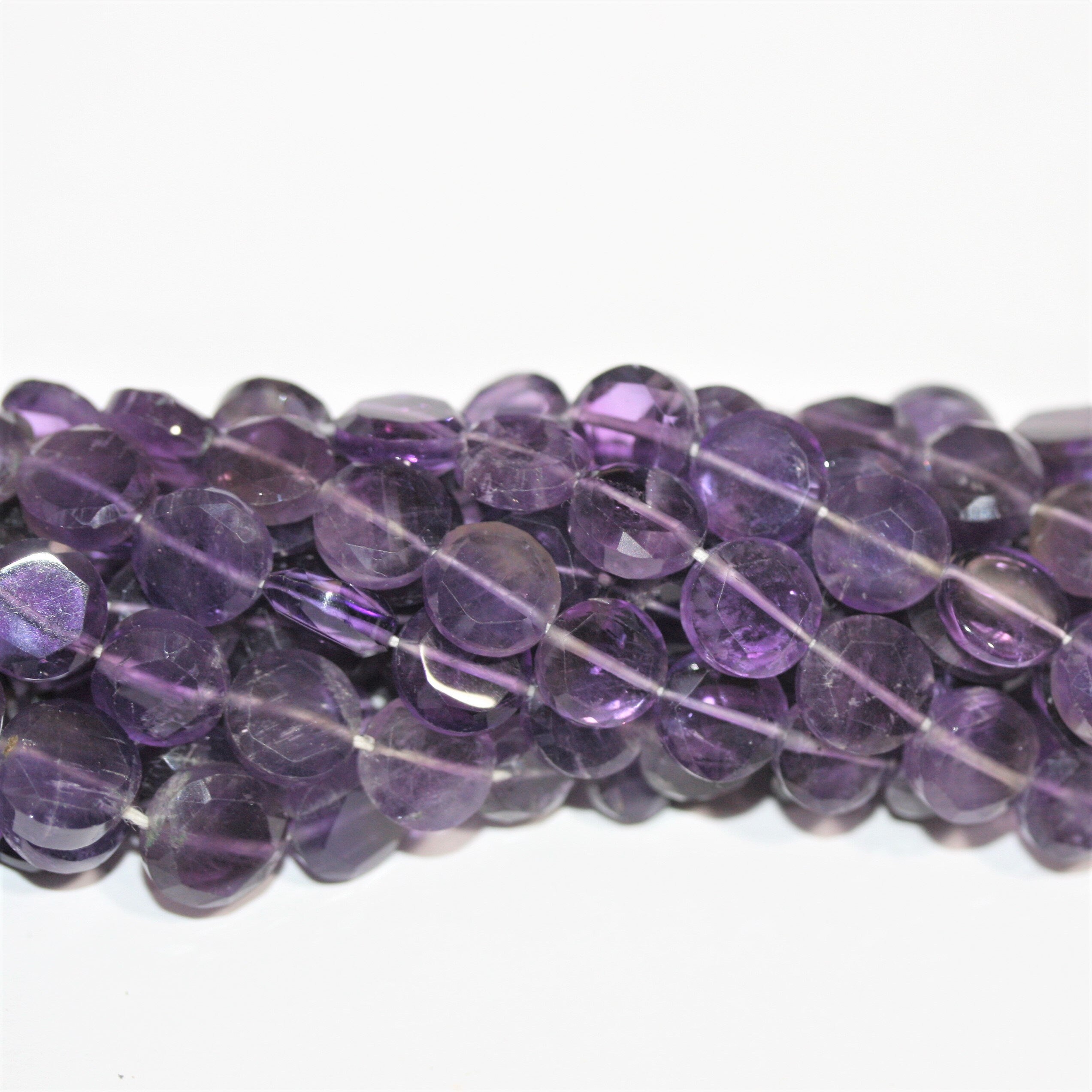 13" St Amethyst Faceted Coin Beads 8-10mm.- Strand 33cm.