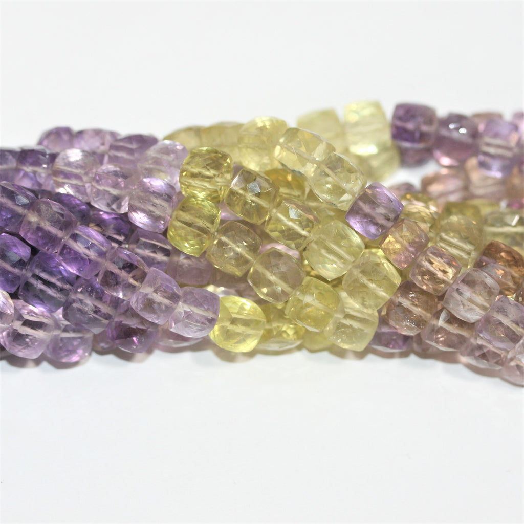 10" St Amethyst- Lemon Quartz Faceted Cube Beads 8-9mm.- Strand 26cm.