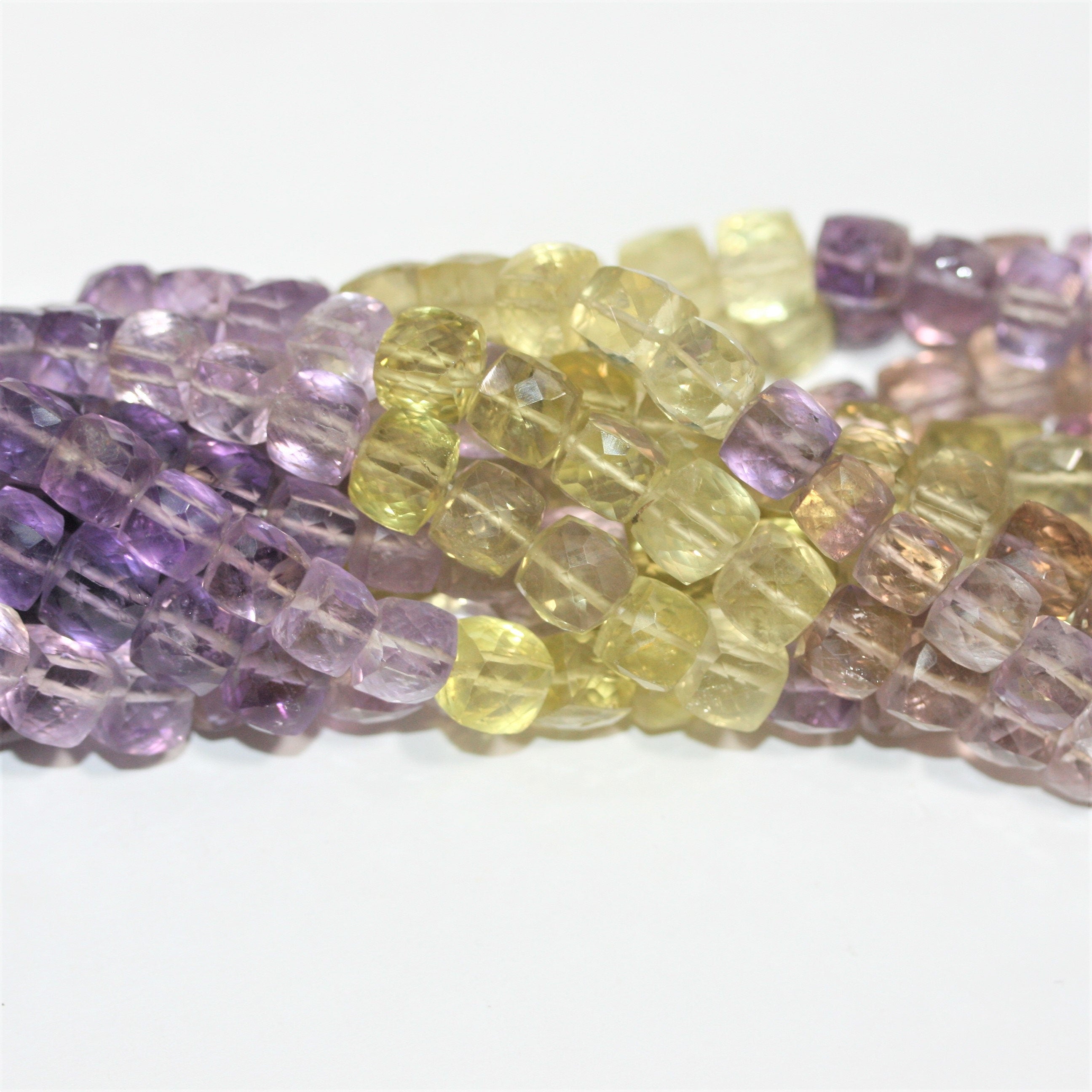 10" St Amethyst- Lemon Quartz Faceted Cube Beads 8-9mm.- Strand 26cm.