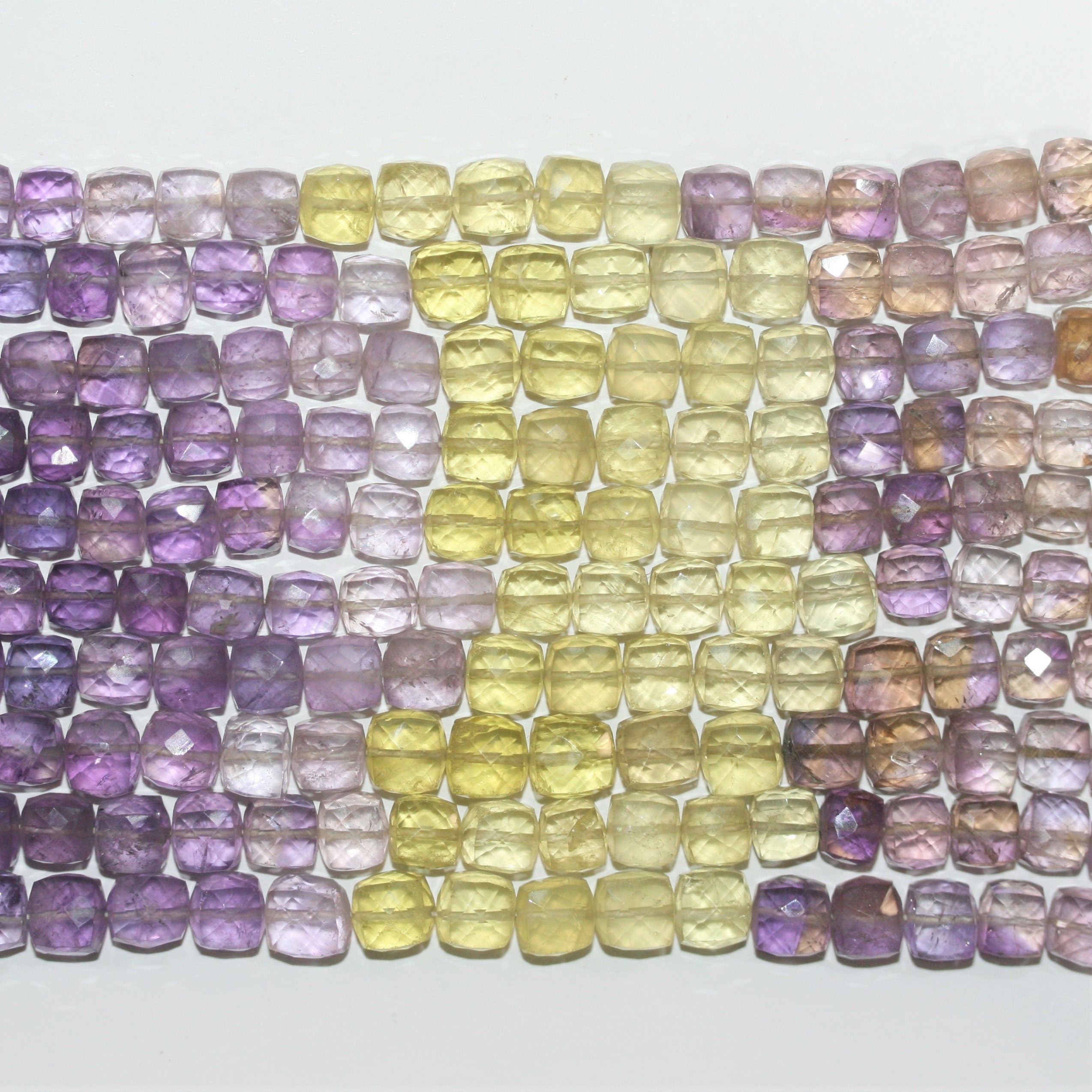 10" St Amethyst- Lemon Quartz Faceted Cube Beads 8-9mm.- Strand 26cm.
