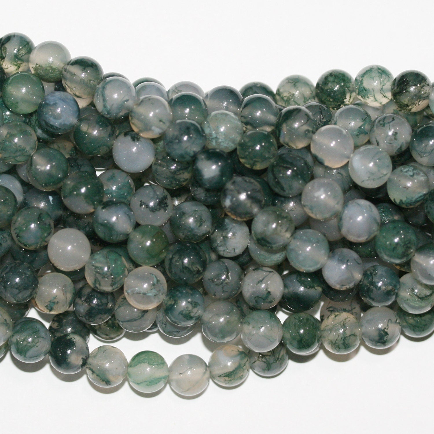 14" St Moss Agate Smooth Round Beads 8.5-9mm.-Strand 39cm.