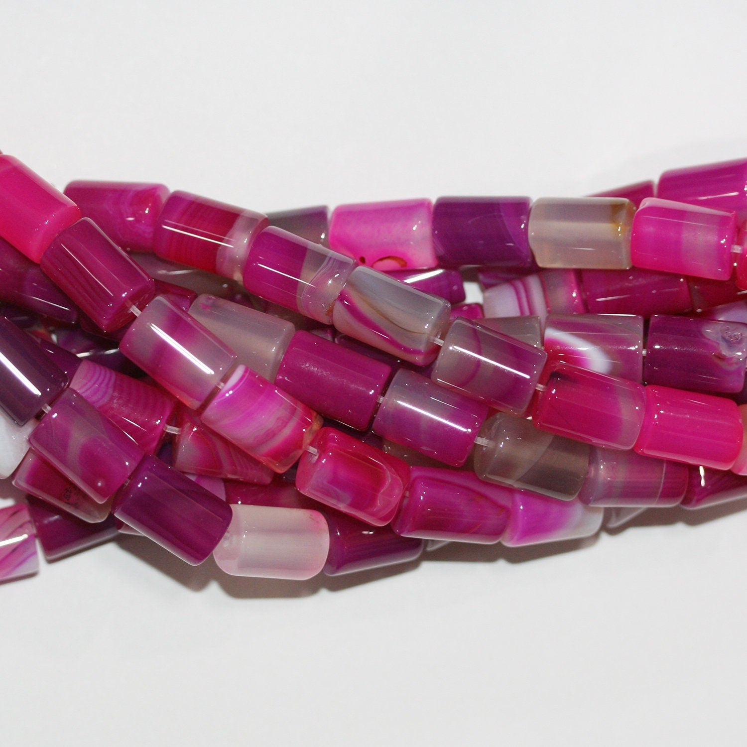 Perles cylindriques lisses en agate St Fuchsia Stripe, 11 x 8 mm, 15 pouces (38 cm) - Longueur : 39 cm
