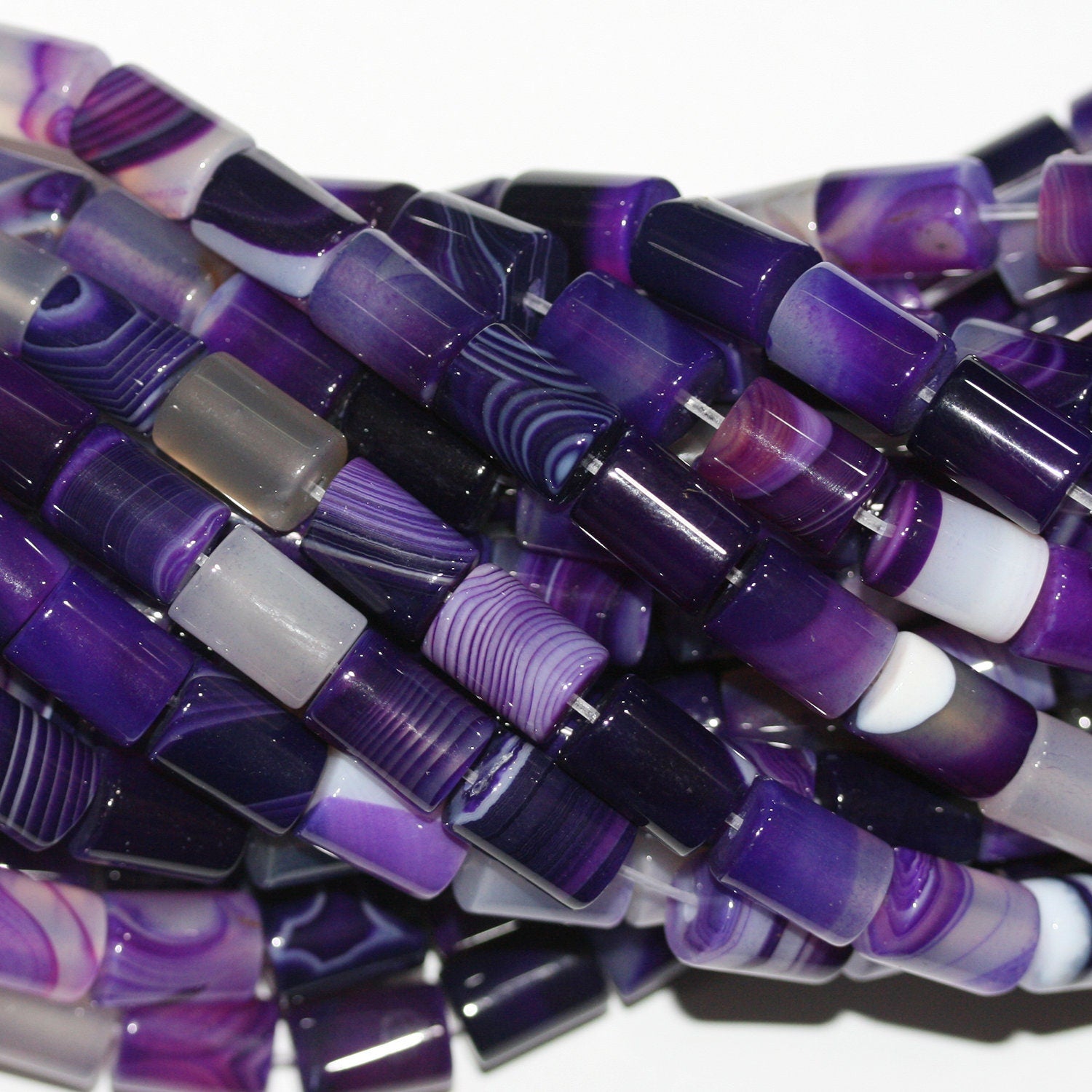 Perles cylindriques lisses en agate à rayures violettes St 15" 11x8mm.-Rig 39cm.