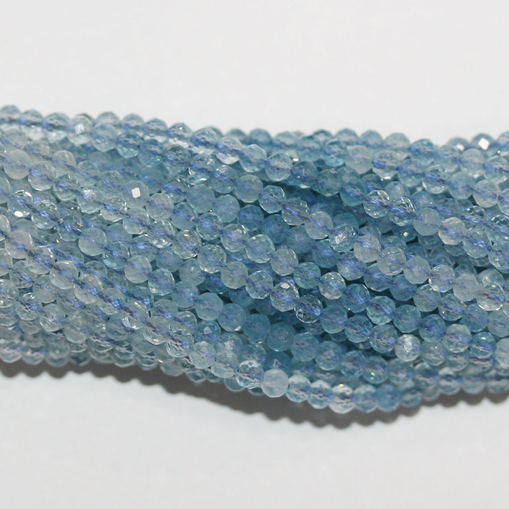 15" Perles rondes à facettes en aigue-marine 3 mm.-Rig 39 cm.