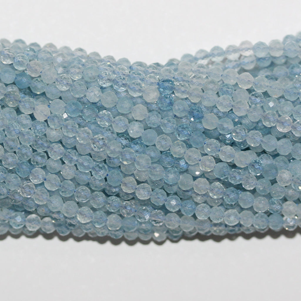 15" St Aquamarine Faceted Round Beads 3.5mm.-Strand 39cm. - Hard Gems