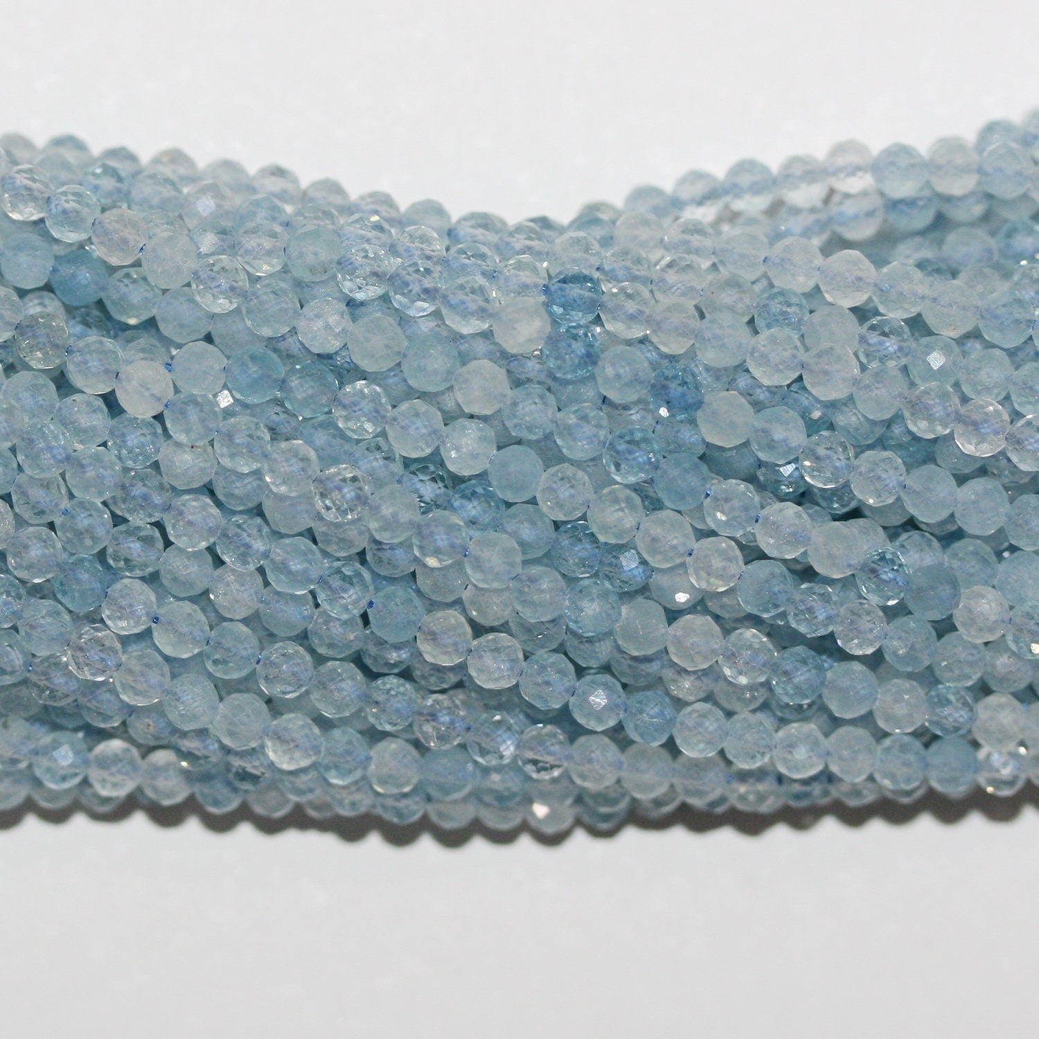 15" St Aquamarine Faceted Round Beads 3.5mm.-Strand 39cm. - Hard Gems