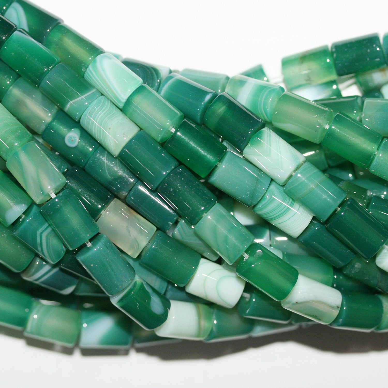 Perles cylindriques lisses en agate à rayures vertes St 15" 11x8mm.-Rig 39cm.
