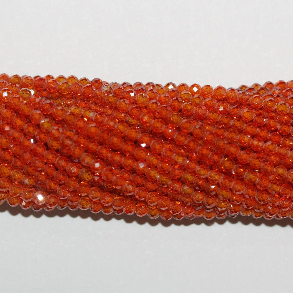15" St Orange Cubic Zirconia Faceted Round Beads 3mm.Strand 37cm. - Hard Gems