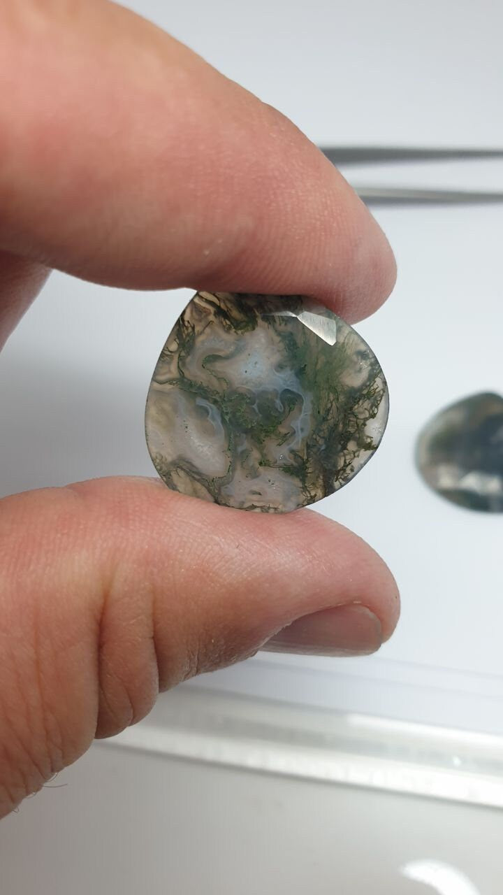 Paire de cabochons assortis en agate mousse AAA, taille à facettes, 25,37 ct, 22 x 22 mm, pièce unique.