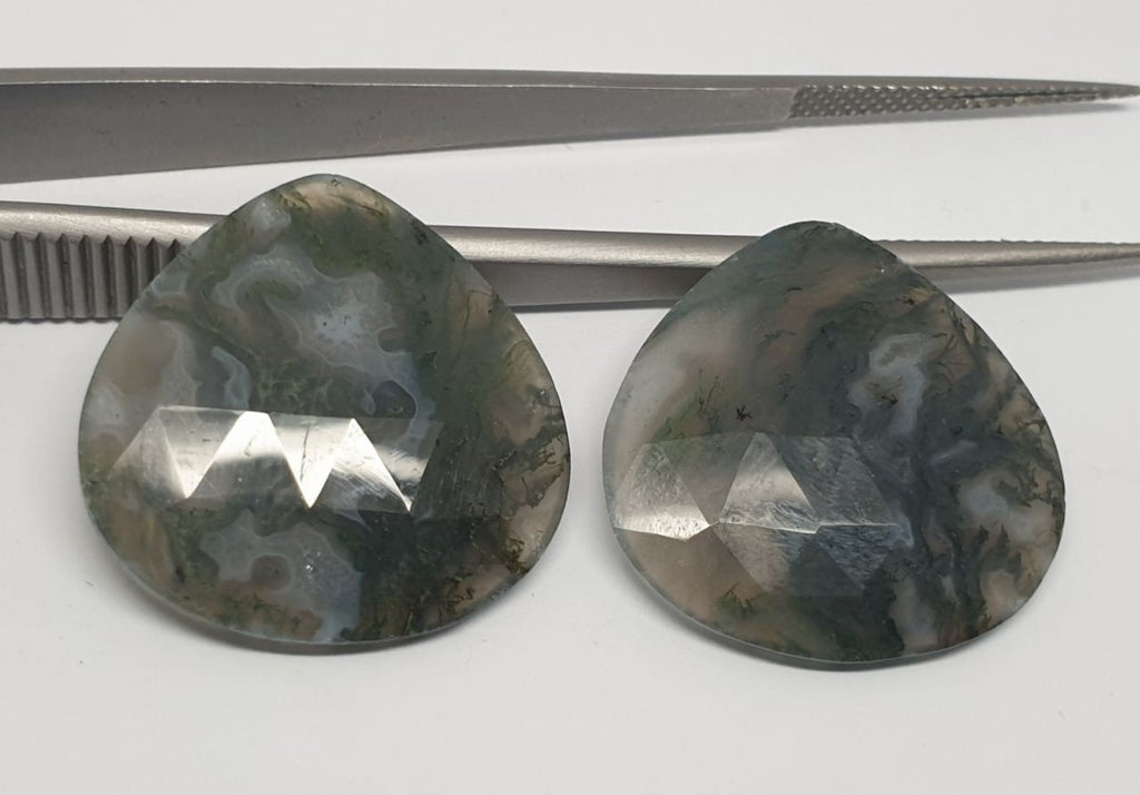 AAA Moss Agate Matching Pair Cabochons Faceted Cut 25.37ct 22x22mm One Of A kind