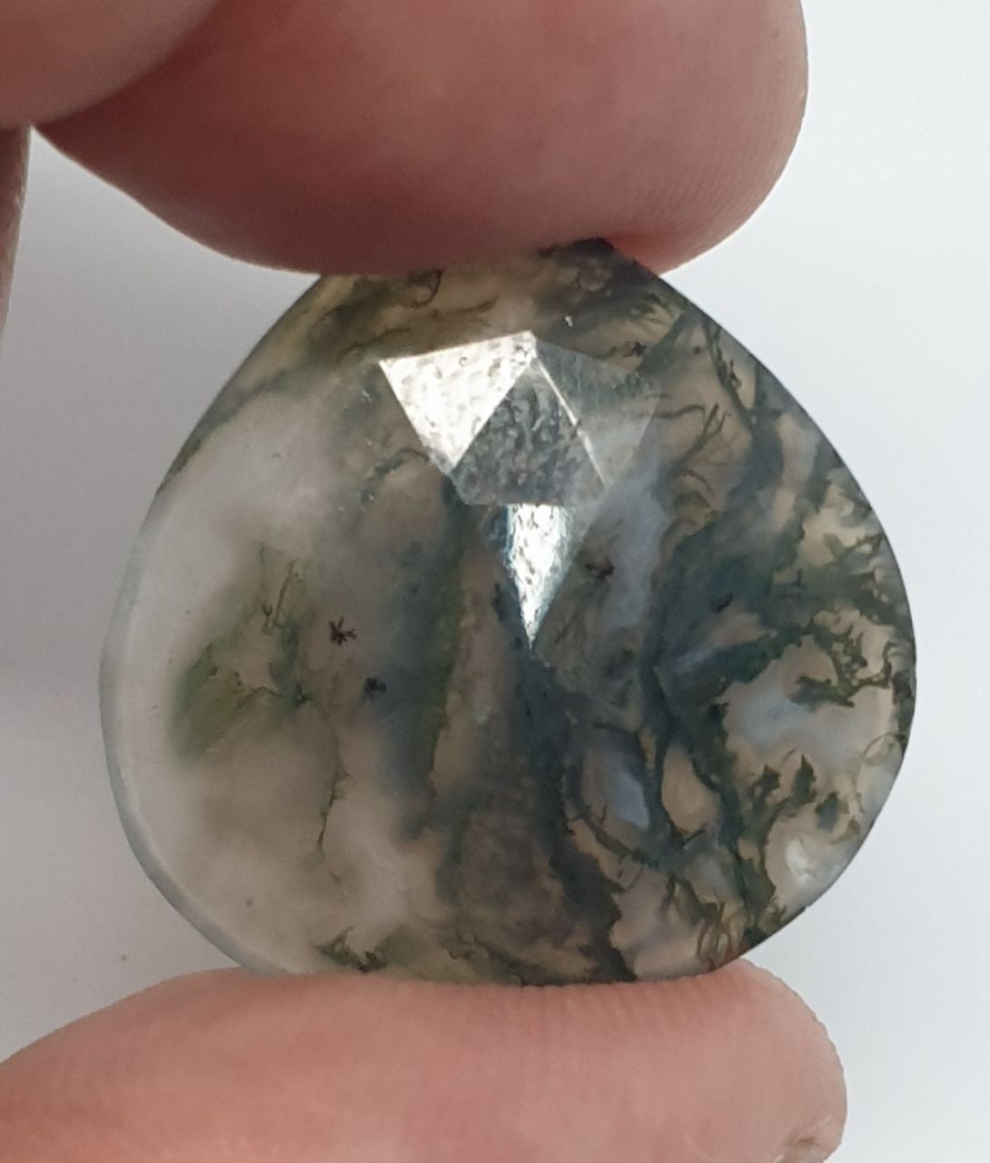 Paire de cabochons assortis en agate mousse AAA, taille à facettes, 25,37 ct, 22 x 22 mm, pièce unique.