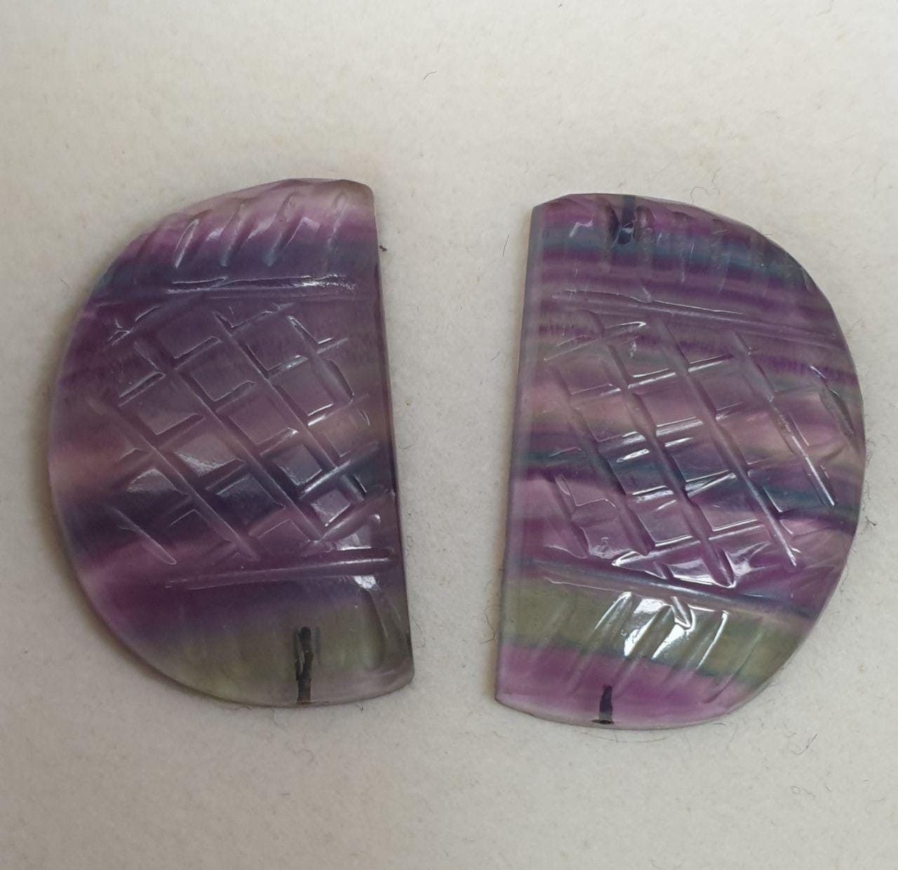 Natural Banded Fluorite Carved Leaf Cabochon 30x20mm. (1 Pair) - Rare Color- Unique Collector Stone- Wholesaler Supplier- Top Quality